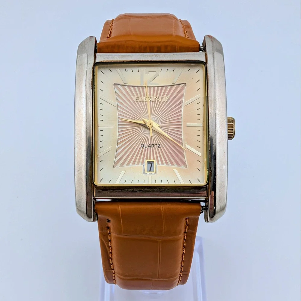 Elgin II EL2C1 Men's Rectangular Quartz Sunburst Dial Date Watch New Strap Y2K